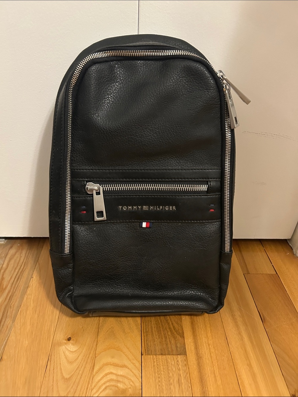 Tommy Hilfiger Black Leather Belt/Sling Bag with Silver Hardware